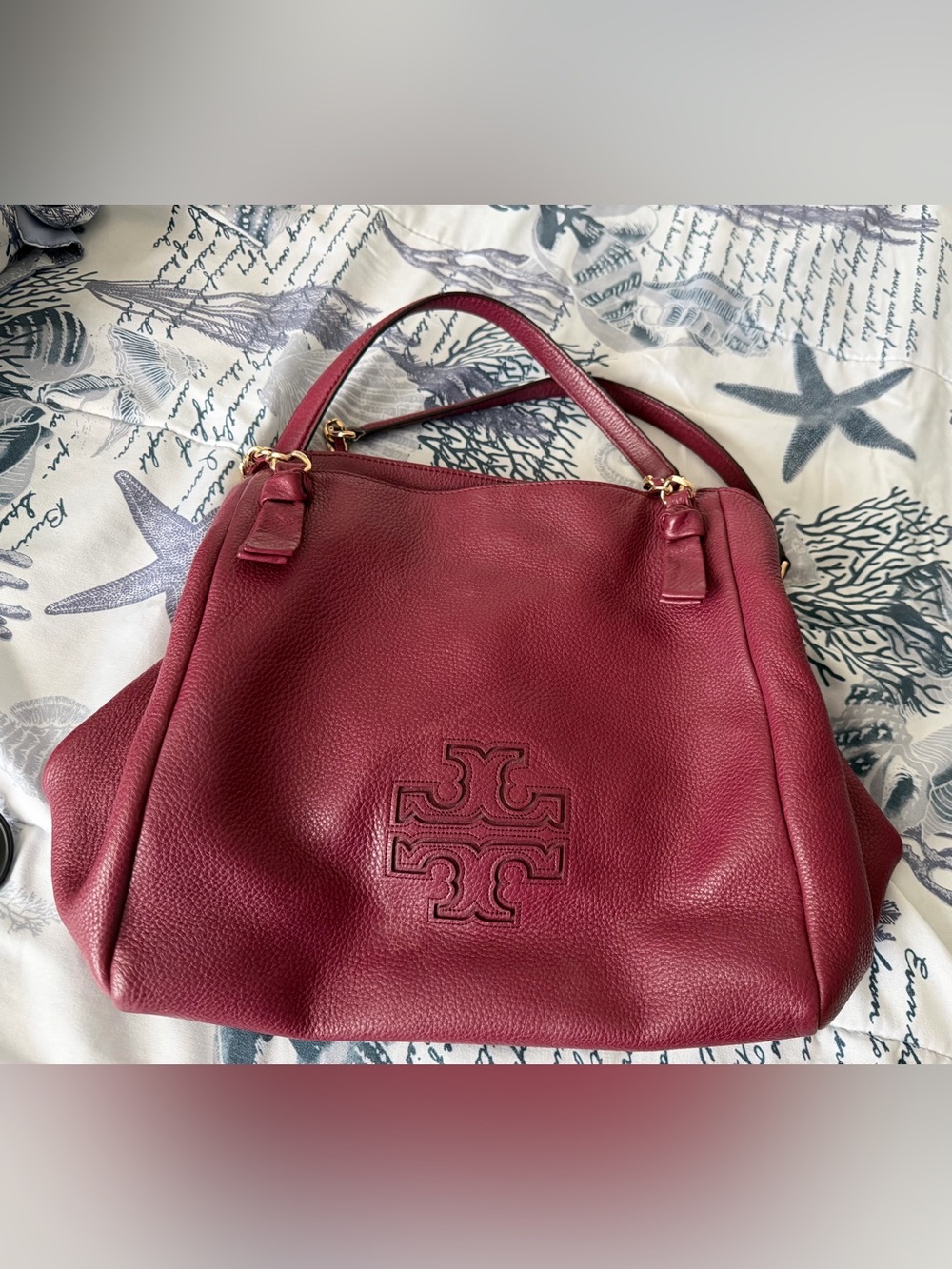 Tory Burch Pebbled Leather Shoulder Bag in Burgundy